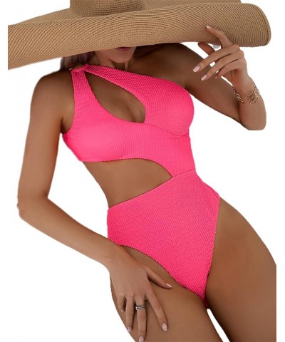 Women's Sexy O-Ring Ribbed Cut Out One Piece Bathing Suit Color Block High Cut Swimsuit Solid Hotpink $15.69 Swimsuits