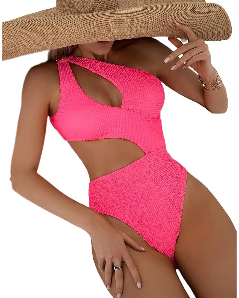 Women's Sexy O-Ring Ribbed Cut Out One Piece Bathing Suit Color Block High Cut Swimsuit Solid Hotpink $15.69 Swimsuits