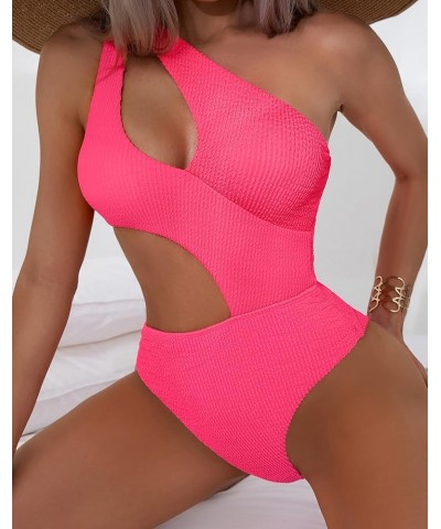 Women's Sexy O-Ring Ribbed Cut Out One Piece Bathing Suit Color Block High Cut Swimsuit Solid Hotpink $15.69 Swimsuits