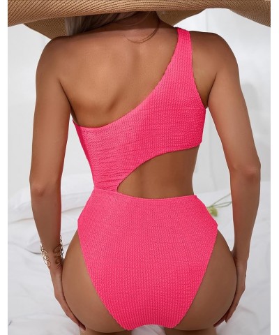 Women's Sexy O-Ring Ribbed Cut Out One Piece Bathing Suit Color Block High Cut Swimsuit Solid Hotpink $15.69 Swimsuits