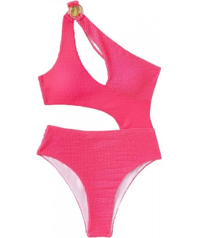 Women's Sexy O-Ring Ribbed Cut Out One Piece Bathing Suit Color Block High Cut Swimsuit Solid Hotpink $15.69 Swimsuits