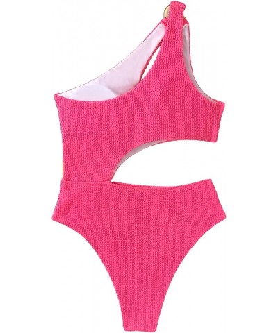 Women's Sexy O-Ring Ribbed Cut Out One Piece Bathing Suit Color Block High Cut Swimsuit Solid Hotpink $15.69 Swimsuits