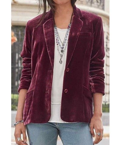 Women's Velvet Solid Color Fashion Casual Blazer Jacket Burgundy $20.99 Blazers