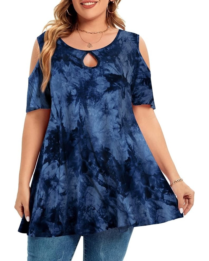 Plus Size Cold Shoulder Tops For Women Sexy Ruffle Short Sleeve Tunic T09-dark Blue $17.99 Tops