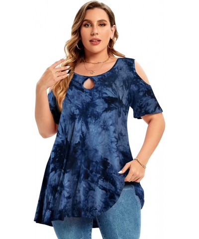 Plus Size Cold Shoulder Tops For Women Sexy Ruffle Short Sleeve Tunic T09-dark Blue $17.99 Tops