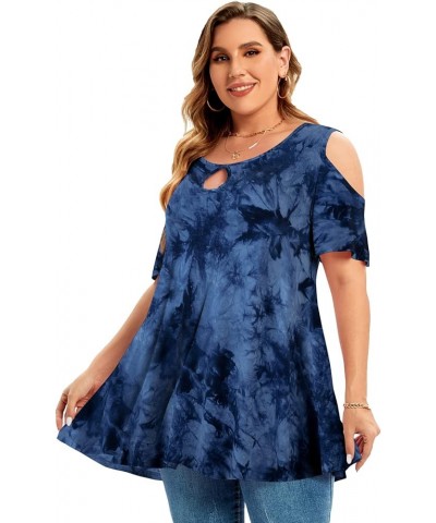 Plus Size Cold Shoulder Tops For Women Sexy Ruffle Short Sleeve Tunic T09-dark Blue $17.99 Tops