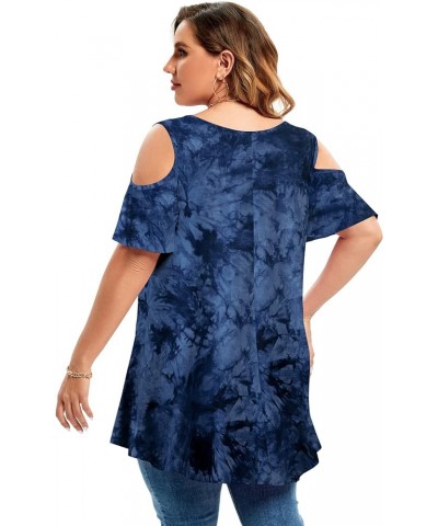 Plus Size Cold Shoulder Tops For Women Sexy Ruffle Short Sleeve Tunic T09-dark Blue $17.99 Tops