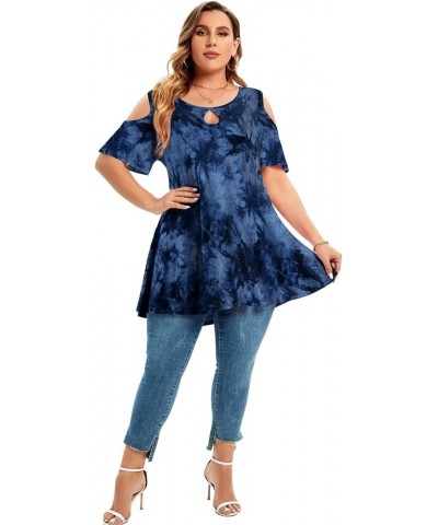 Plus Size Cold Shoulder Tops For Women Sexy Ruffle Short Sleeve Tunic T09-dark Blue $17.99 Tops