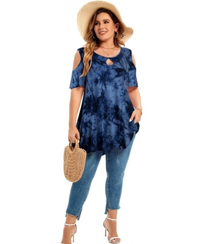 Plus Size Cold Shoulder Tops For Women Sexy Ruffle Short Sleeve Tunic T09-dark Blue $17.99 Tops