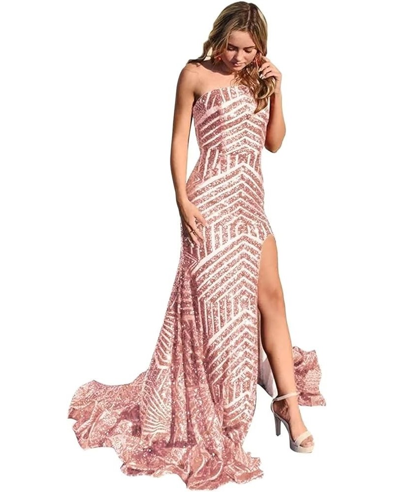 Women's Sparkly Sequin Prom Dress with Slit Floor Length Mermaid Strapless Wedding Party Ball Gowns with Pleated A-blush Pink...