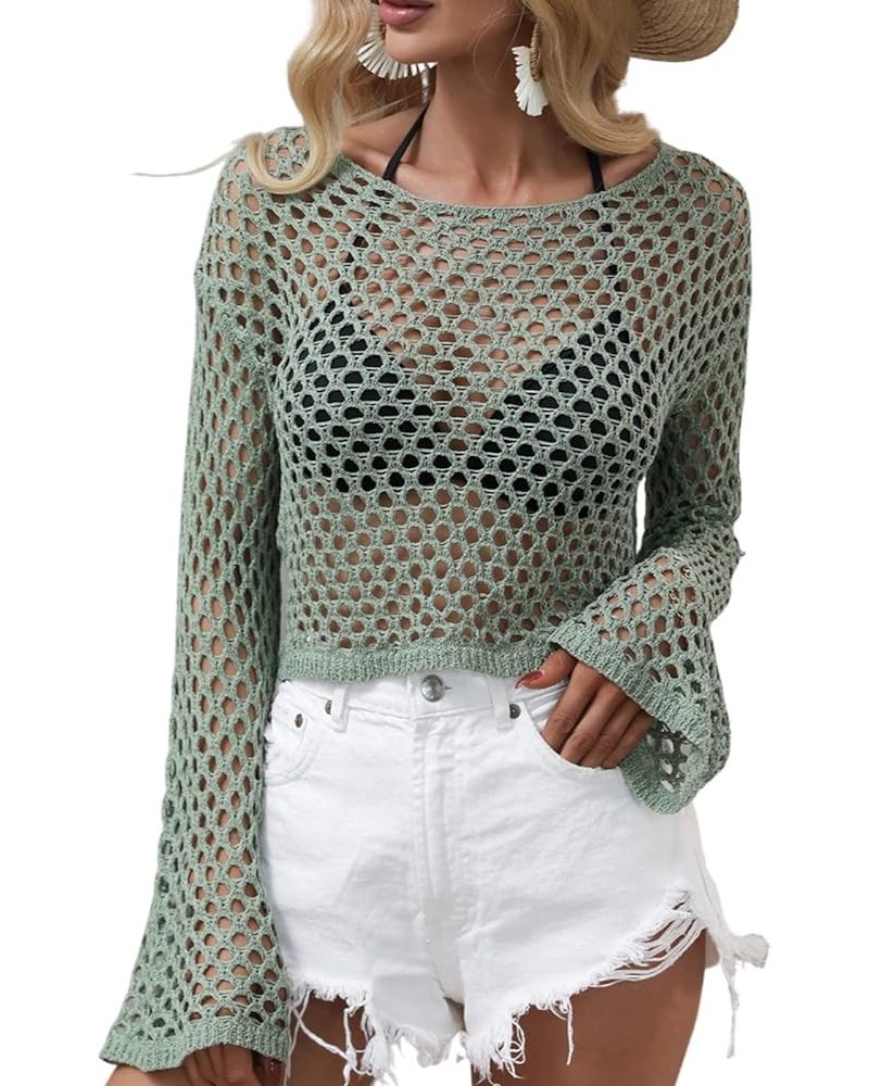 Women Crochet Top Long Sleeve Round-Neck Knitted See-Through Hollow Out Beach Cover Up Green $9.83 Swimsuits