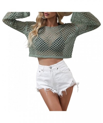 Women Crochet Top Long Sleeve Round-Neck Knitted See-Through Hollow Out Beach Cover Up Green $9.83 Swimsuits