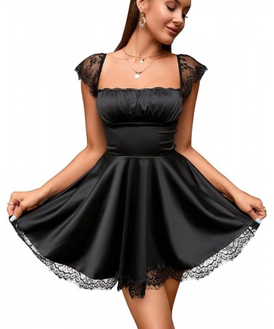 Women's Satin Lace Strap Mini Dress Square Neck Flowy A-Line Ruffle Swing Casual Short Dresses Black $23.75 Dresses