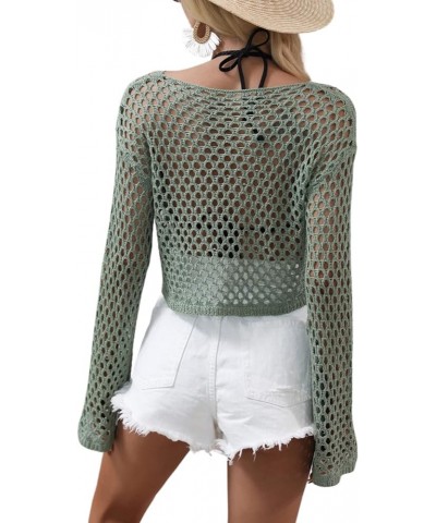 Women Crochet Top Long Sleeve Round-Neck Knitted See-Through Hollow Out Beach Cover Up Green $9.83 Swimsuits