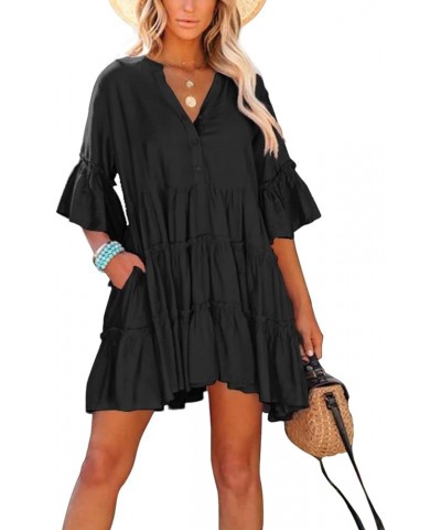 Womens Casual Summer Dress 2023 V Neck Bell Sleeve Mini Loose Flowy Swing Shift Beach Dresses Black $21.31 Dresses