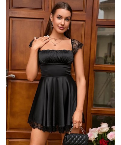 Women's Satin Lace Strap Mini Dress Square Neck Flowy A-Line Ruffle Swing Casual Short Dresses Black $23.75 Dresses