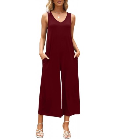 Women's Summer Casual Loose Tank Jumpsuit Sleeveless V Neck Jumpsuits Rompers with Pockets Wine Red $14.74 Jumpsuits