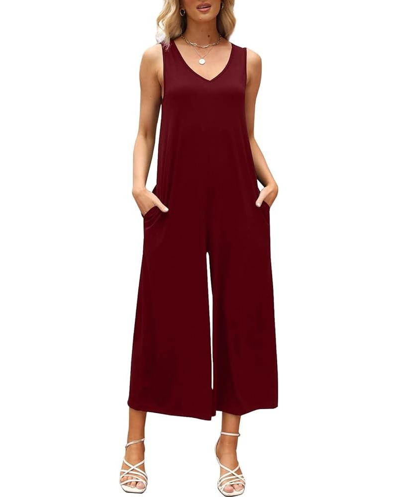 Women's Summer Casual Loose Tank Jumpsuit Sleeveless V Neck Jumpsuits Rompers with Pockets Wine Red $14.74 Jumpsuits