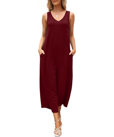 Women's Summer Casual Loose Tank Jumpsuit Sleeveless V Neck Jumpsuits Rompers with Pockets Wine Red $14.74 Jumpsuits