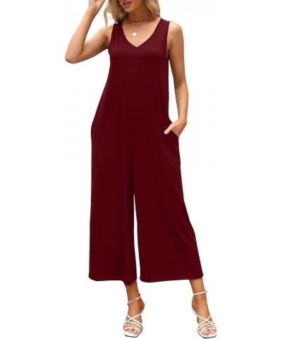 Women's Summer Casual Loose Tank Jumpsuit Sleeveless V Neck Jumpsuits Rompers with Pockets Wine Red $14.74 Jumpsuits