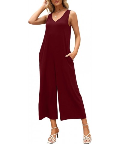 Women's Summer Casual Loose Tank Jumpsuit Sleeveless V Neck Jumpsuits Rompers with Pockets Wine Red $14.74 Jumpsuits