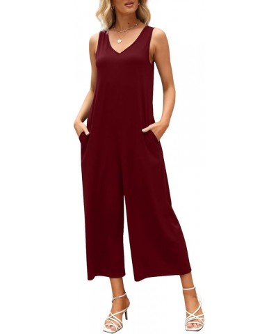 Women's Summer Casual Loose Tank Jumpsuit Sleeveless V Neck Jumpsuits Rompers with Pockets Wine Red $14.74 Jumpsuits