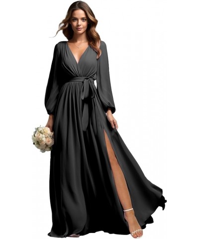 Long Sleeve Bridesmaid Dresses with Slit for Women Chiffon V Neck Formal Evening Gown Black $34.40 Dresses