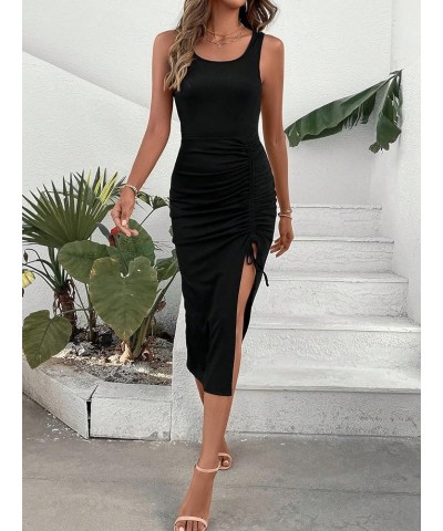 Women's Tie Dye Split Thigh Drawstring Ruched Scoop Neck Midi Tank Dress Solid Black $14.72 Dresses