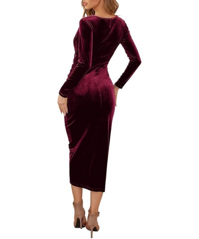 Women’s Elegant Velvet Dress Long Sleeve V-Neck Wrap Ruched Bodycon Cocktail Evening Maxi Dresses Wine Red Style 2 $24.63 Dre...