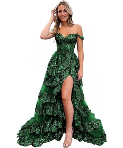 Lace Tulle Prom Dress Sparkly Long Layered Off Shoulder Ball Gowns with Slit Emerald Green $55.80 Dresses