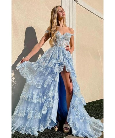 Lace Tulle Prom Dress Sparkly Long Layered Off Shoulder Ball Gowns with Slit Emerald Green $55.80 Dresses