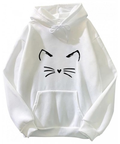 Cute Hoodies for Girls 10-12 Years Old Women Sweater Casual Pocket Drawstring Long-Sleeved Hoodie Cat Print White $8.67 Tops