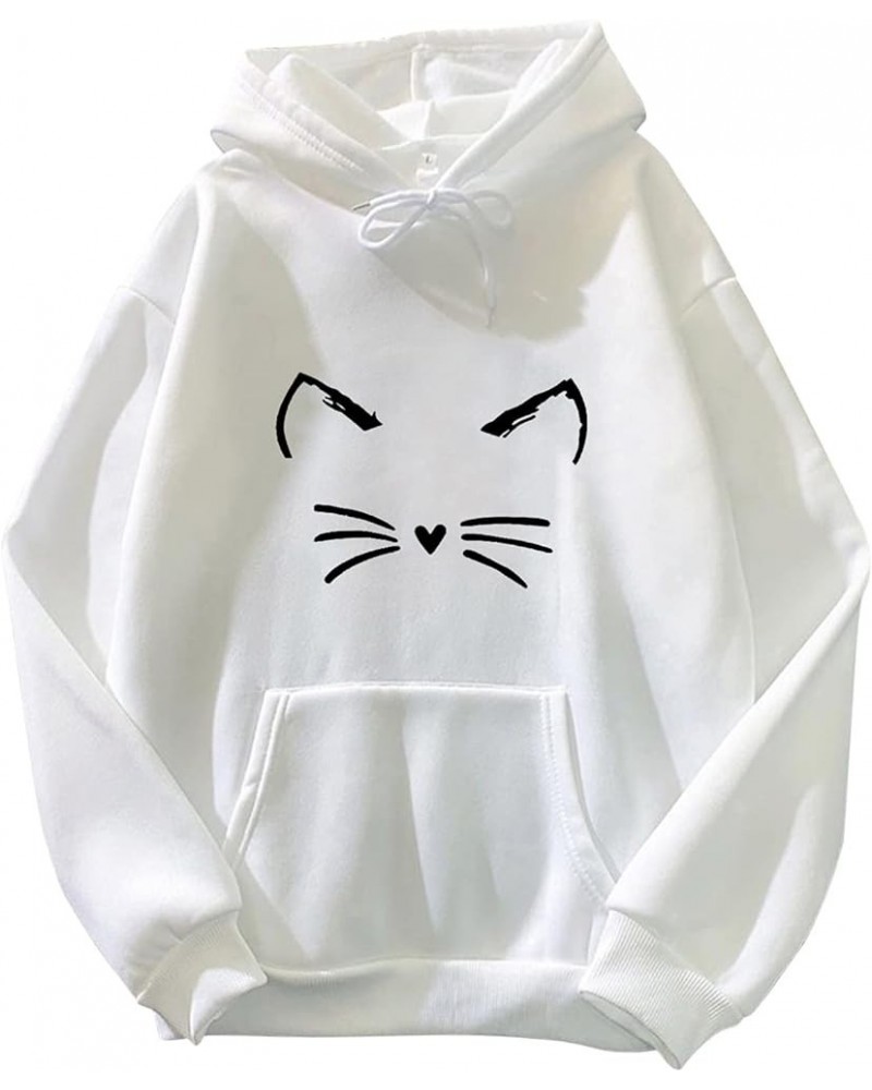 Cute Hoodies for Girls 10-12 Years Old Women Sweater Casual Pocket Drawstring Long-Sleeved Hoodie Cat Print White $8.67 Tops