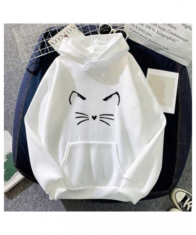 Cute Hoodies for Girls 10-12 Years Old Women Sweater Casual Pocket Drawstring Long-Sleeved Hoodie Cat Print White $8.67 Tops