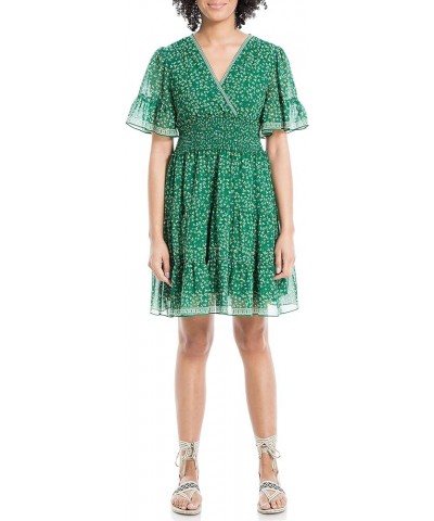 Women's Sleeve Tiered Short Dress Green Small Wispy Floral Stem $20.43 Dresses