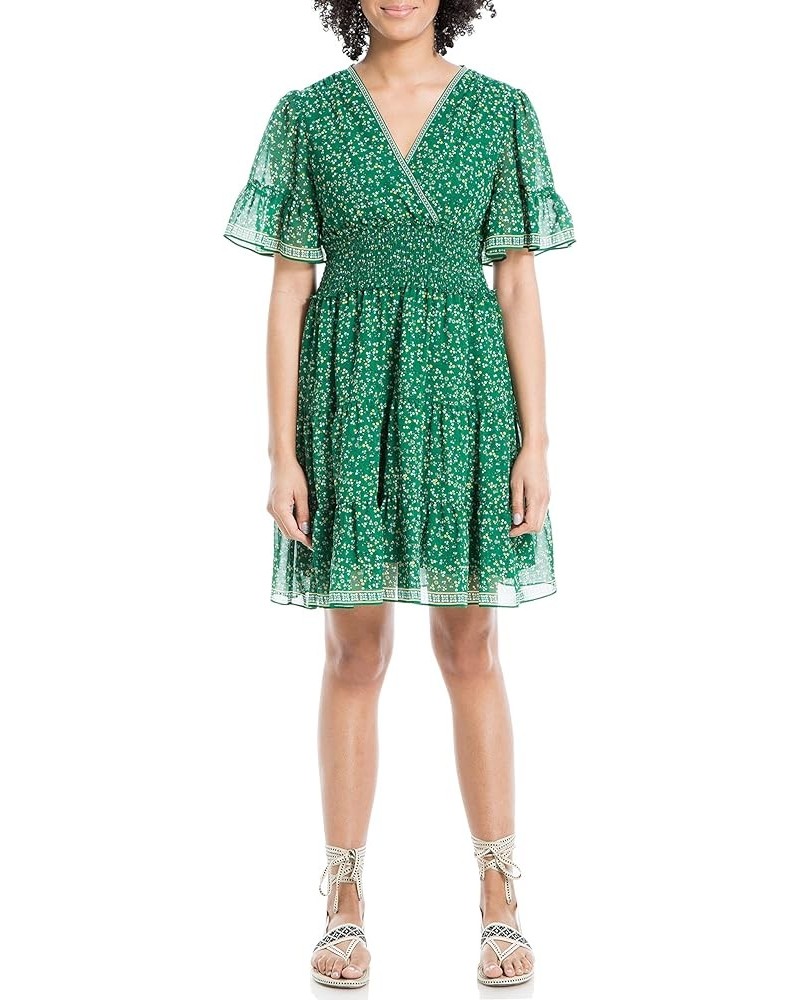 Women's Sleeve Tiered Short Dress Green Small Wispy Floral Stem $20.43 Dresses