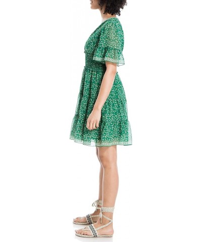 Women's Sleeve Tiered Short Dress Green Small Wispy Floral Stem $20.43 Dresses