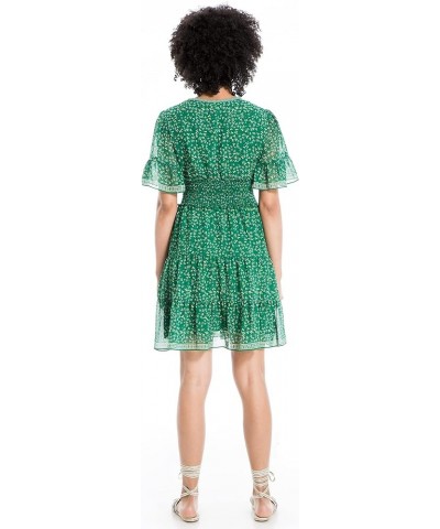 Women's Sleeve Tiered Short Dress Green Small Wispy Floral Stem $20.43 Dresses