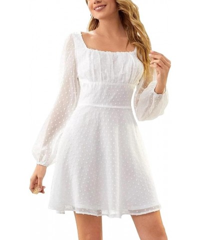 Women's Polka Dots Square Neck A line Long Sleeve Swiss Dots Mini Dress Solid White $20.80 Dresses