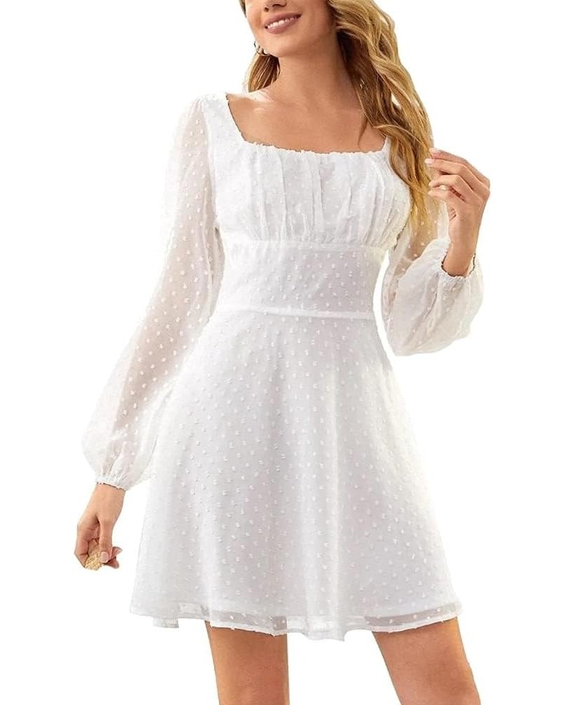 Women's Polka Dots Square Neck A line Long Sleeve Swiss Dots Mini Dress Solid White $20.80 Dresses