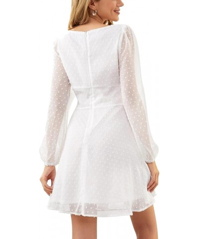 Women's Polka Dots Square Neck A line Long Sleeve Swiss Dots Mini Dress Solid White $20.80 Dresses