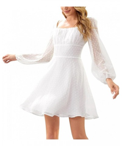 Women's Polka Dots Square Neck A line Long Sleeve Swiss Dots Mini Dress Solid White $20.80 Dresses