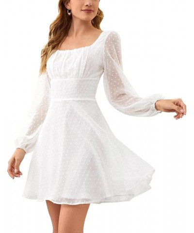 Women's Polka Dots Square Neck A line Long Sleeve Swiss Dots Mini Dress Solid White $20.80 Dresses