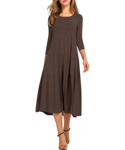 Women's Round Neck 3/4 Sleeve A Line Swing Flowy Midi Dress Brown $20.16 Dresses