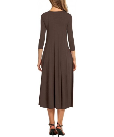 Women's Round Neck 3/4 Sleeve A Line Swing Flowy Midi Dress Brown $20.16 Dresses