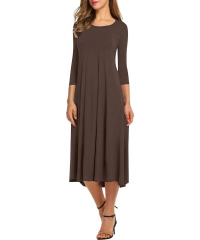 Women's Round Neck 3/4 Sleeve A Line Swing Flowy Midi Dress Brown $20.16 Dresses