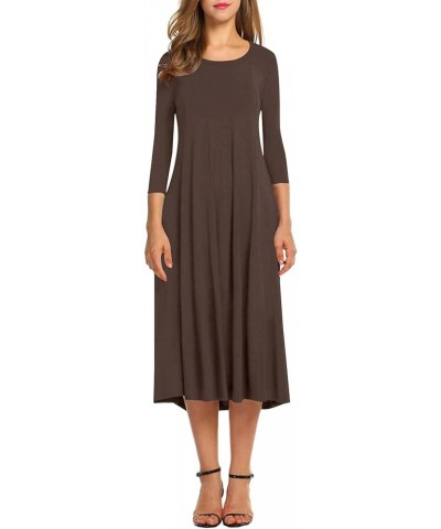 Women's Round Neck 3/4 Sleeve A Line Swing Flowy Midi Dress Brown $20.16 Dresses