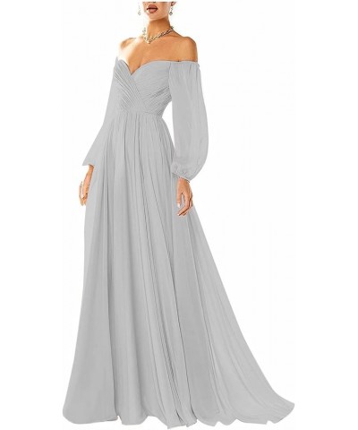 Off The Shoulder Prom Dresses Long Sleeve Formal Dress for Women Pleated A Line Evening Party Dress Light Grey $32.60 Dresses