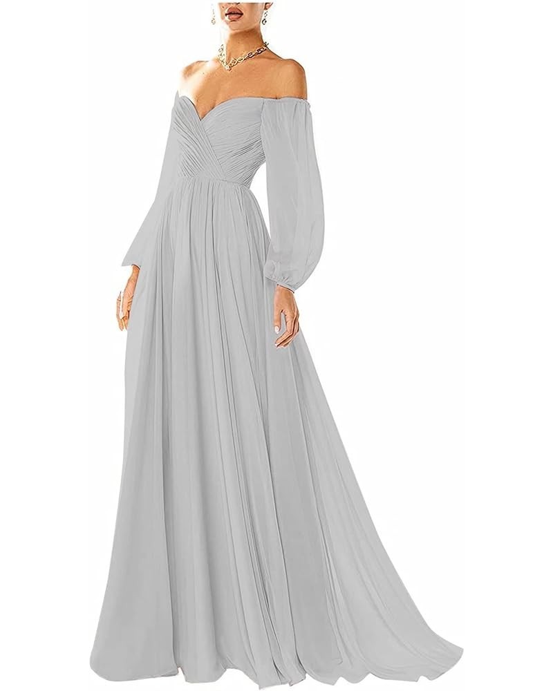 Off The Shoulder Prom Dresses Long Sleeve Formal Dress for Women Pleated A Line Evening Party Dress Light Grey $32.60 Dresses