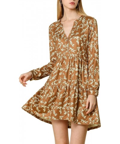 Women's Babydoll Dresses V Neck Long Sleeve Floral Tiered Loose Fall Dresses Brown $11.50 Dresses